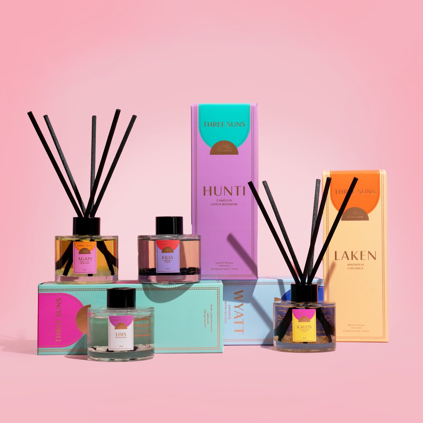 Kalos Citrine Infused Diffuser by Three Suns, vibrant mango and coconut scent, promotes joy and energy, natural aromatherapy home diffuser Australia.