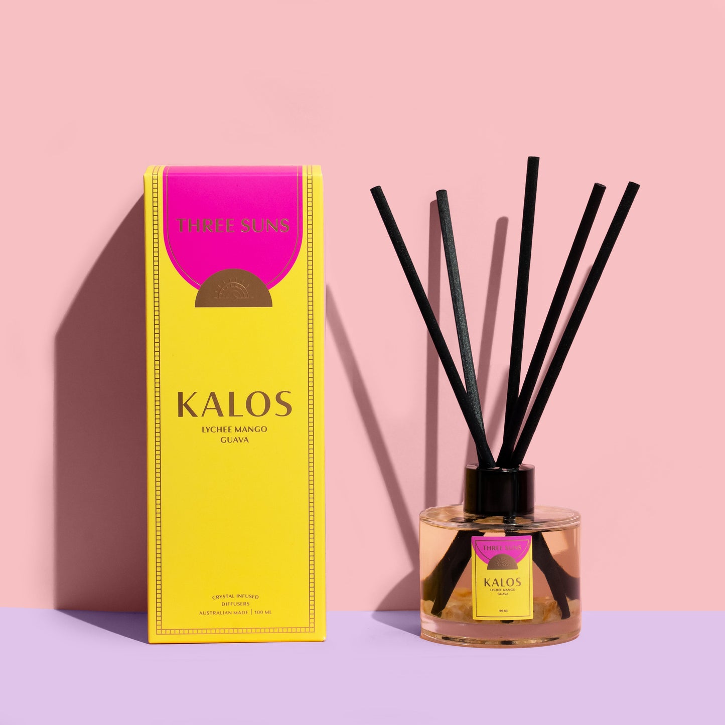 Kalos Crystal Infused Reed Diffuser with Citrine crystals, tropical guava, mango, and coconut scent, luxury home fragrance diffuser Australia by Three Suns.