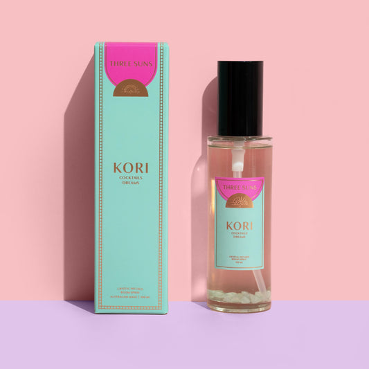 Kori Crystal Infused Room Spray with black lid, fruity Cocktails + Dreams scent featuring Amazonite crystals for hope and happiness, luxury perfume spray Australia by Three Suns.