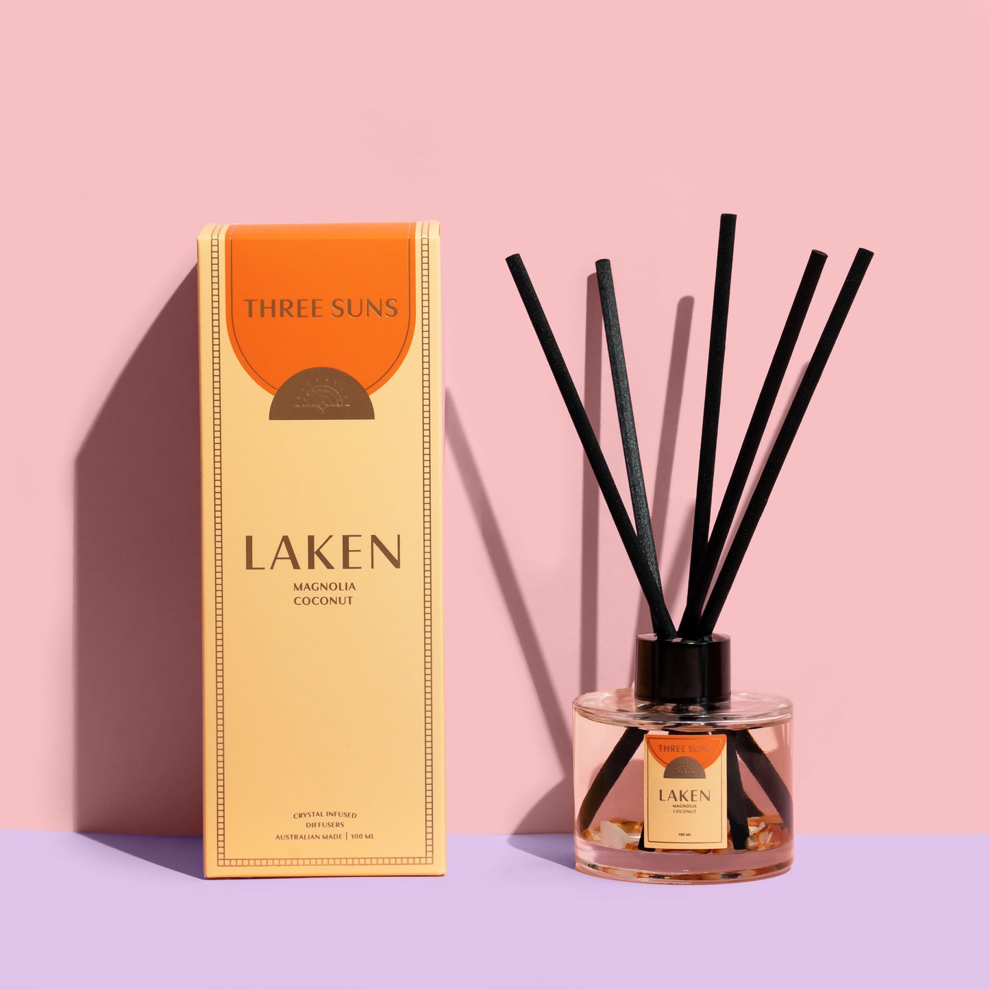 Laken Crystal Infused Reed Diffuser with Carnelian crystals, creamy coconut and magnolia fragrance, luxury home diffuser Australia by Three Suns.