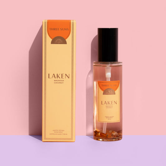 Laken Crystal Infused Room Spray with black lid, infused with Carnelian crystals for positivity and confidence, luxury perfume-based spray Australia by Three Suns.