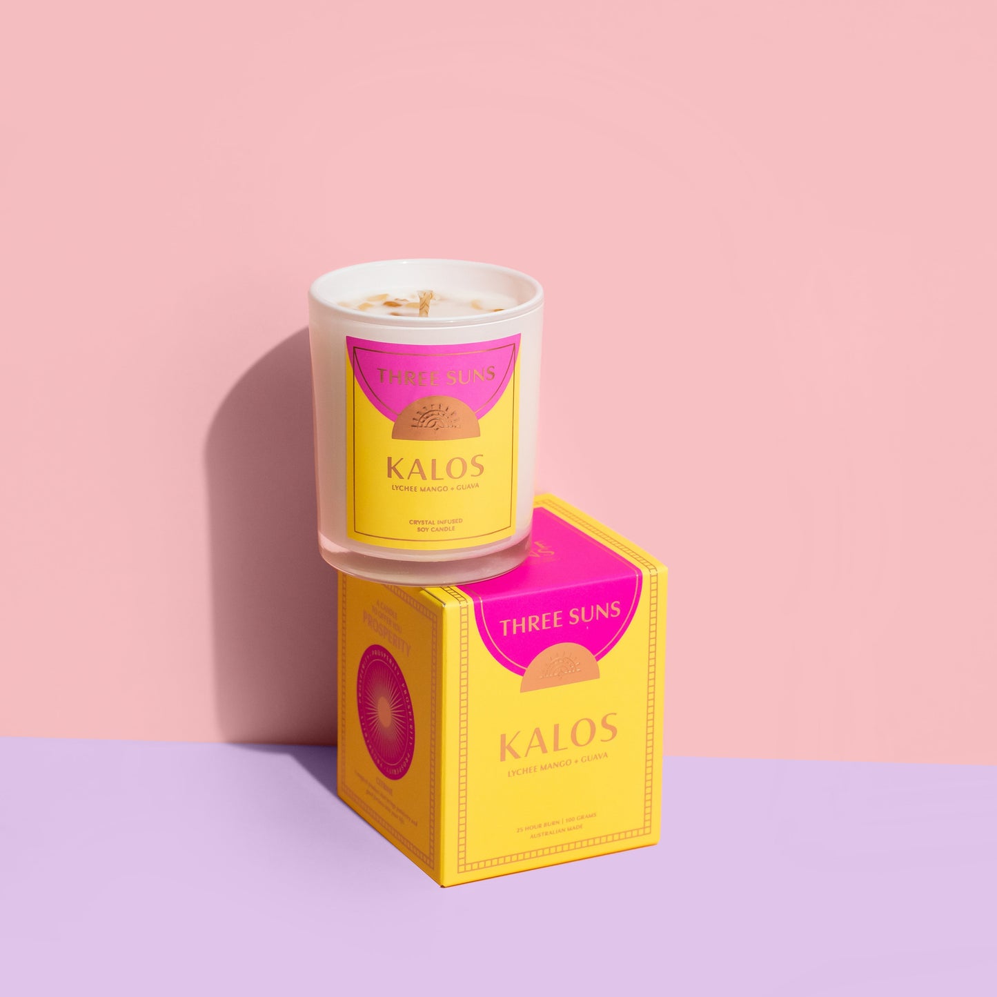 Kalos Mini Crystal Infused Soy Candle with Citrine crystals, tropical guava, mango, and coconut scent, luxury small candle Australia by Three Suns.
