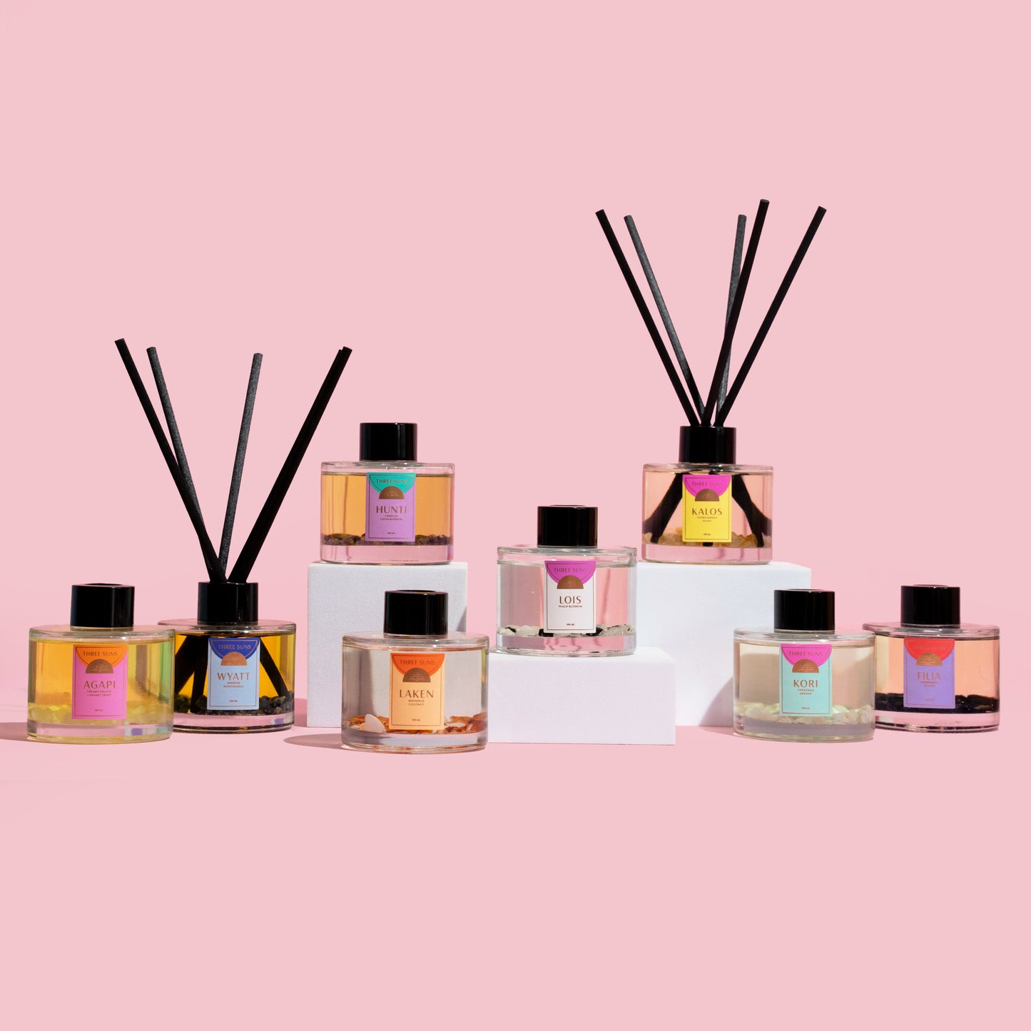Three suns Reed diffuser collection, featuring the Lois Reed Diffuser. Lois diffuser is a luxury home fragrance in a soft floral scent.