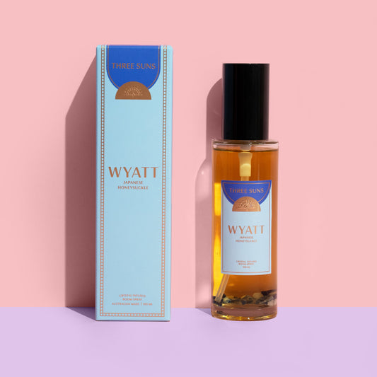 Wyatt Crystal Infused Room Spray in clear glass bottle with black spray lid, infused with Sodalite crystals for strength and confidence, Japanese Honeysuckle scented, luxury Australian home fragrance by Three Suns.