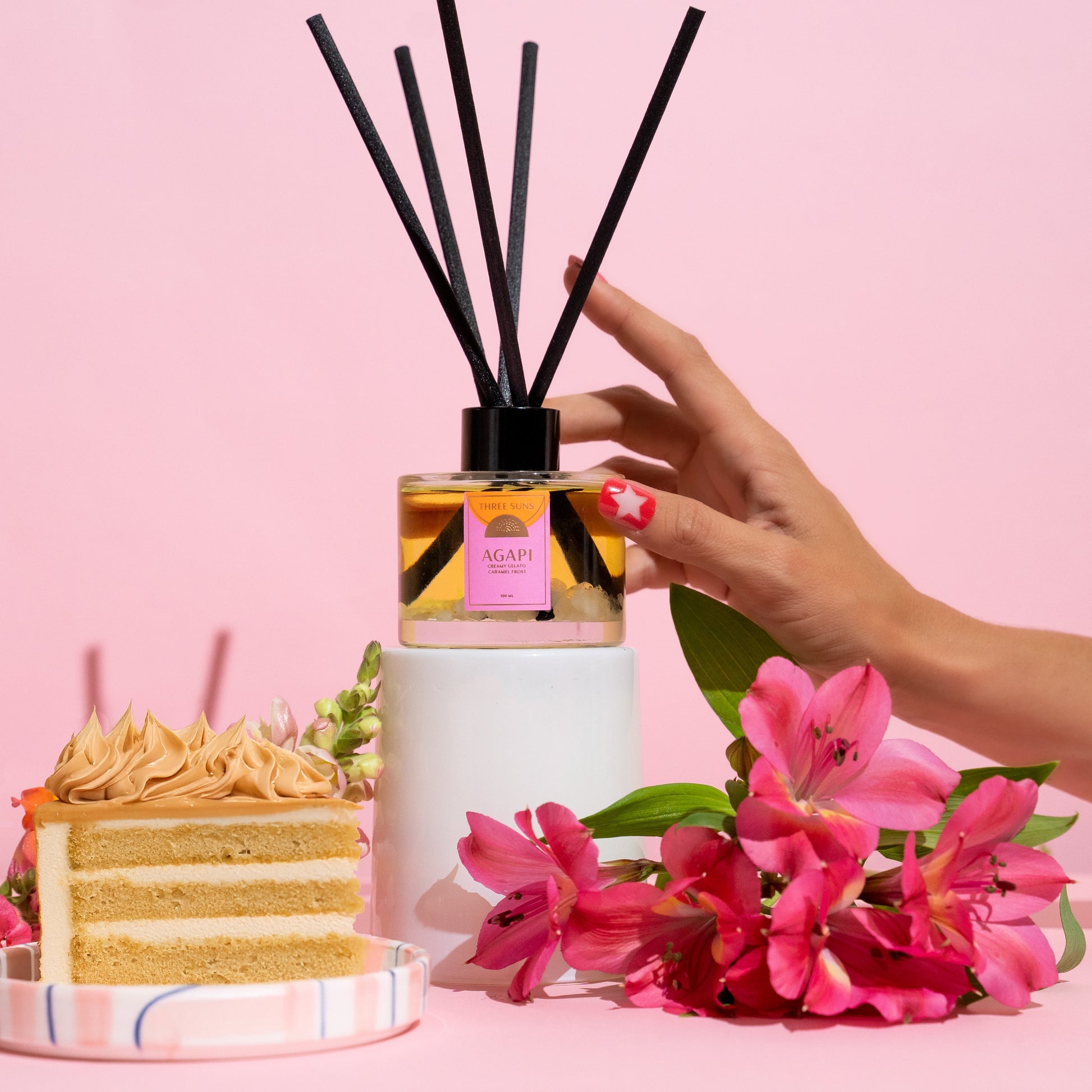 Three Suns Agapi Crystal Love Diffuser, infused with Rose Quartz and Clear Quartz for romance and calm, creamy caramel vanilla fragrance, premium Australian reed diffuser.