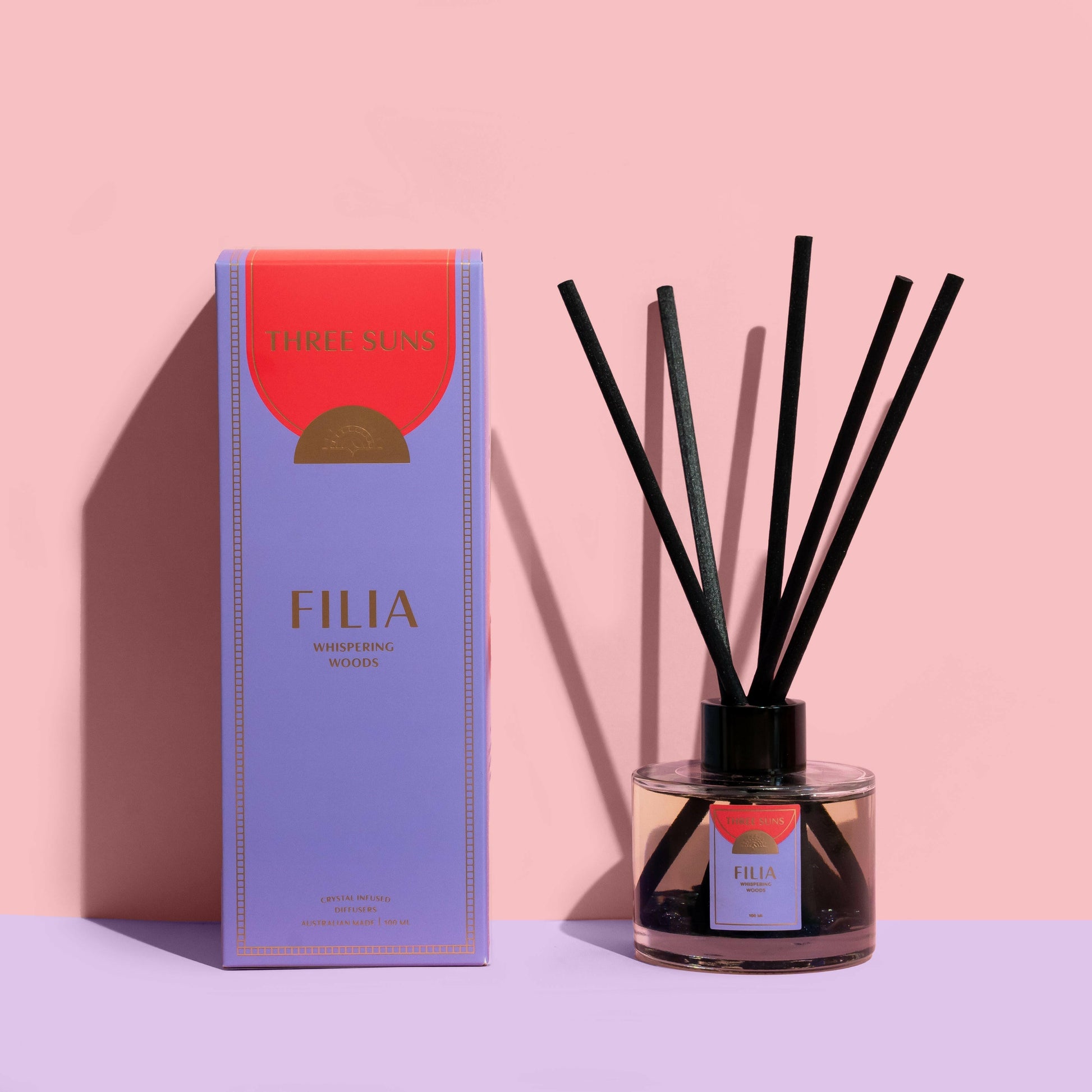 Filia Crystal Infused Reed Diffuser with natural cotton reeds, infused with crystals for love and friendship, luxury home fragrance Australia, Three Suns rose gold branding.