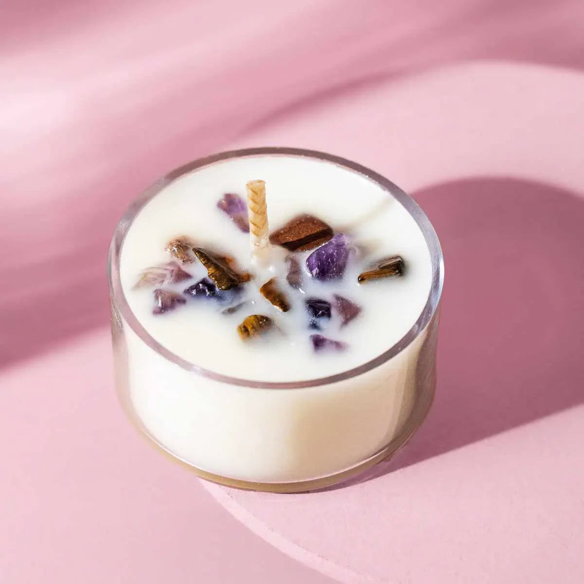 Hunti | Camellia + Lotus Blossom Soy Tealight Box of 8-Crystal Infused Tea Lights-ThreeSuns.Three Suns Hunti Tea Light Set, natural soy wax tealights infused with Amethyst and Tiger’s Eye crystals, soothing floral and sandalwood fragrance, premium Austral
