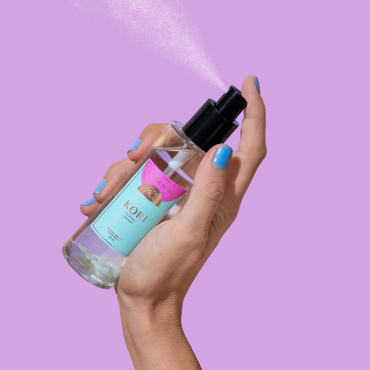 Three Suns Kori Crystal Room Spray, fruity Cocktails + Dreams perfume mist with Amazonite crystals for uplifting energy, luxury home and linen spray Australia, black lid.