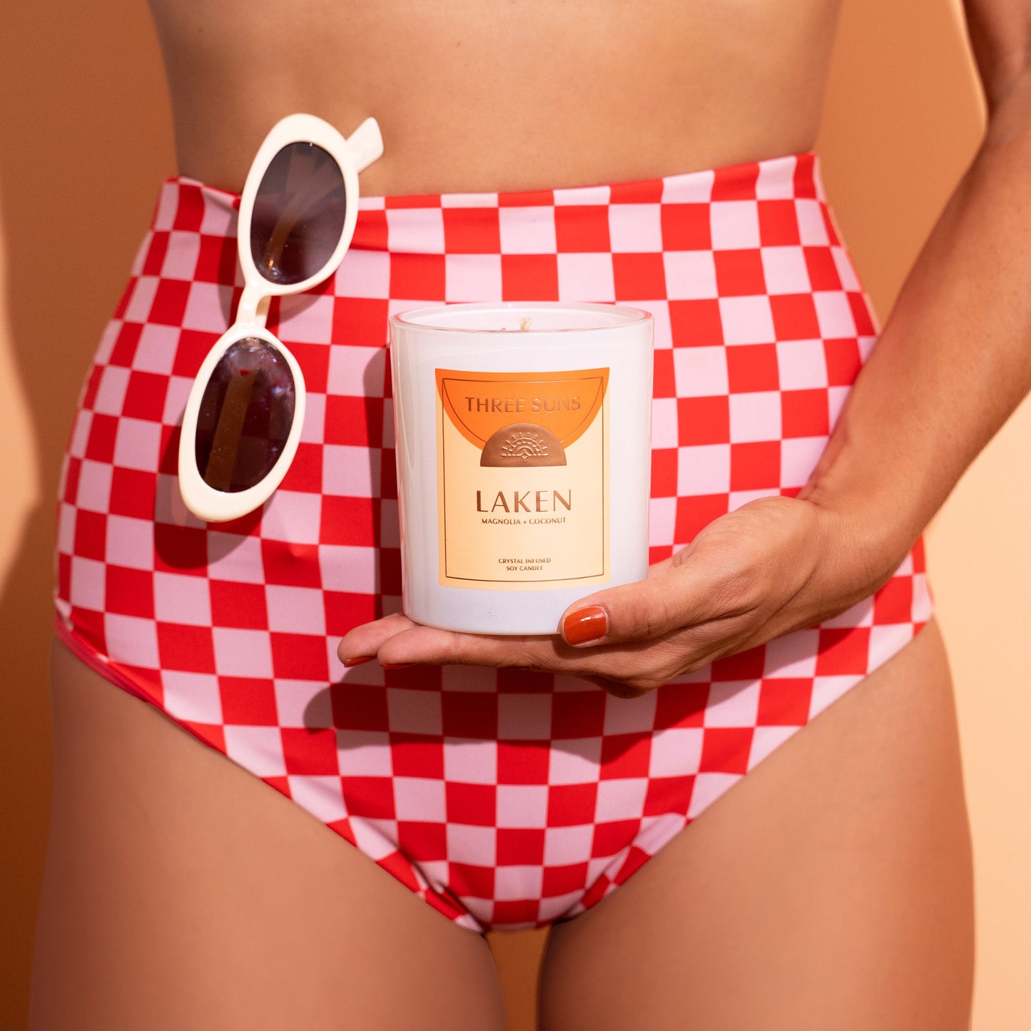 Three Suns Laken Large Candle, hand-poured soy wax infused with Carnelian crystals for positivity and confidence, premium eco-friendly candle Australia.