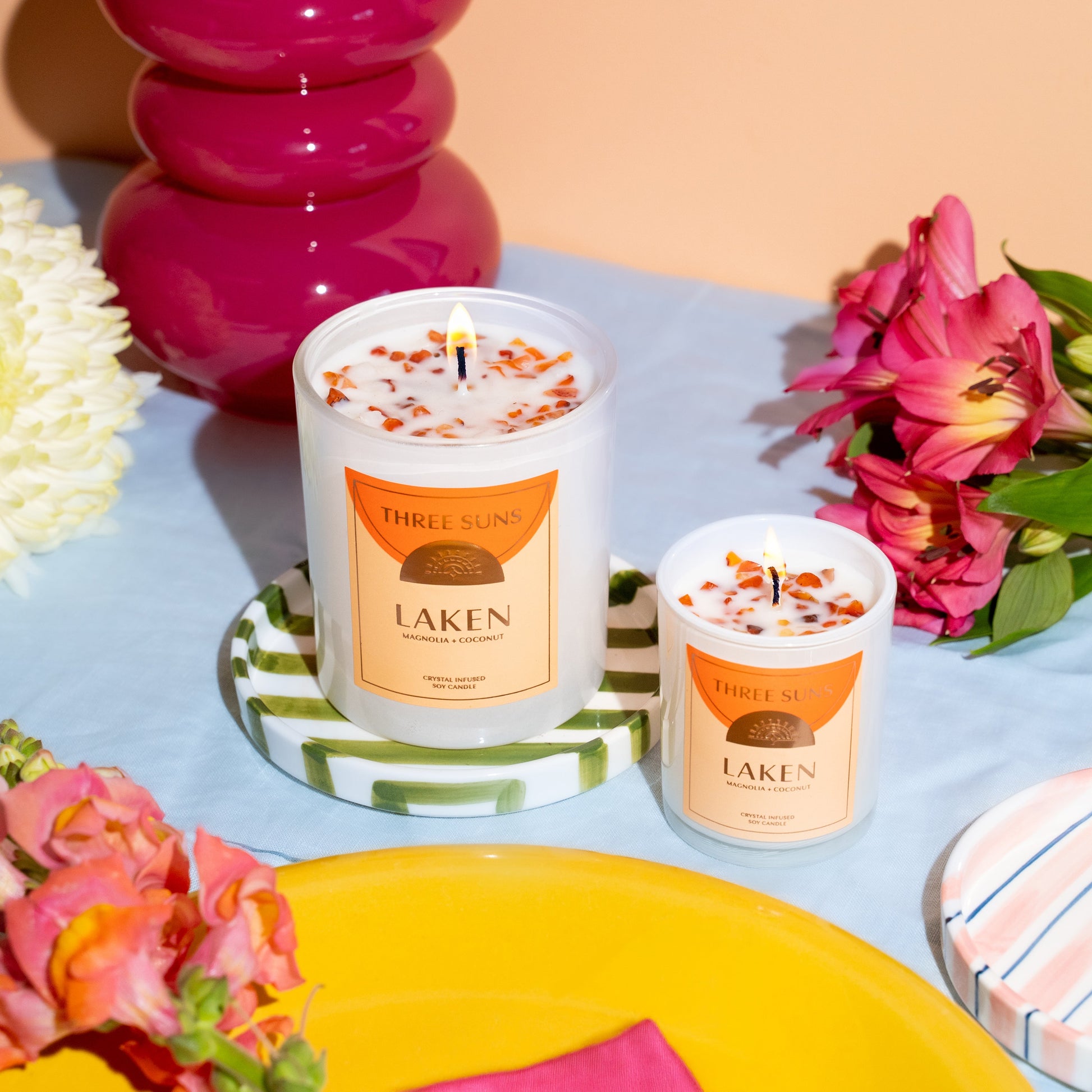 Laken Soy Candle by Three Suns, infused with Carnelian crystals, uplifting coconut and floral scent, eco-friendly crystal candle made in Australia.
