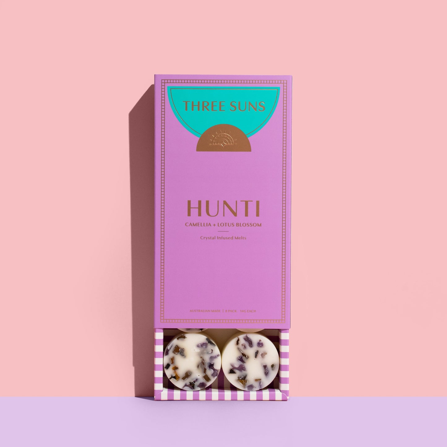 Crystal Infused Wax Melt Collection, hand-poured soy wax melts with vibrant scents and healing crystals, eco-friendly gift box, Australian luxury brand Three Suns.