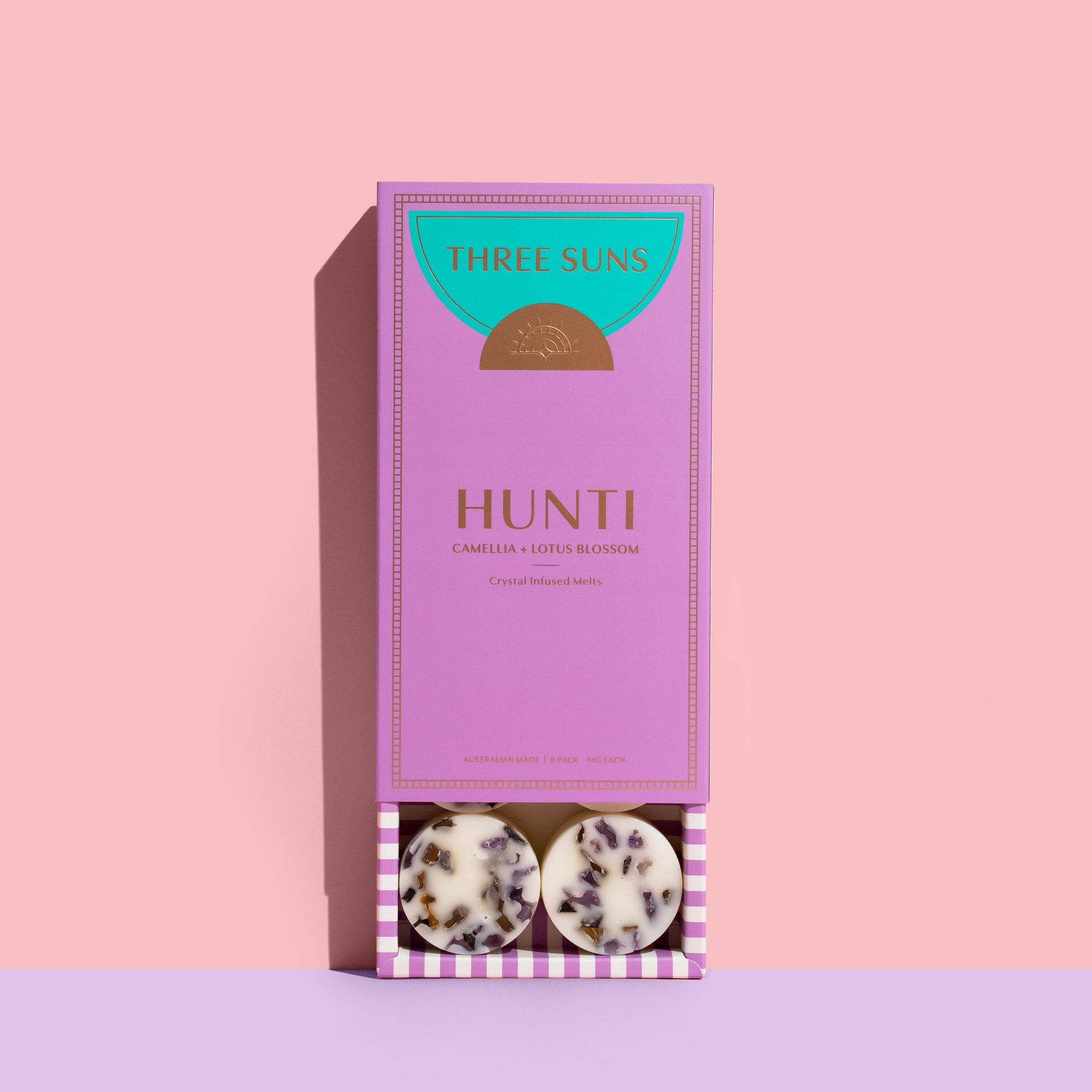 Crystal Infused Wax Melt Collection, hand-poured soy wax melts with vibrant scents and healing crystals, eco-friendly gift box, Australian luxury brand Three Suns.