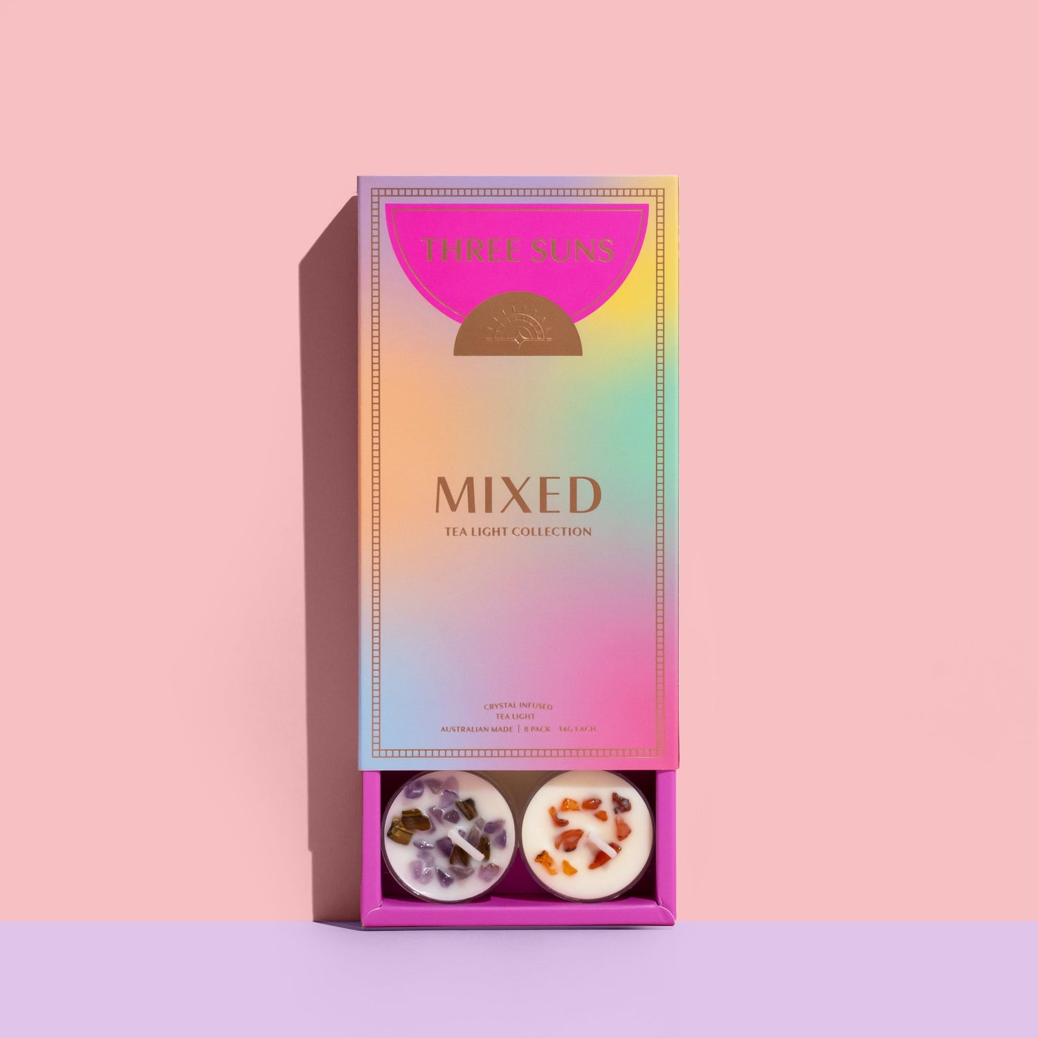 Mixed Crystal Infused Soy Tealight Set with 8 triple-scented tealights topped with healing crystals, eco-friendly packaging, luxury candles Australia by Three Suns. Candle discovery gift set.
