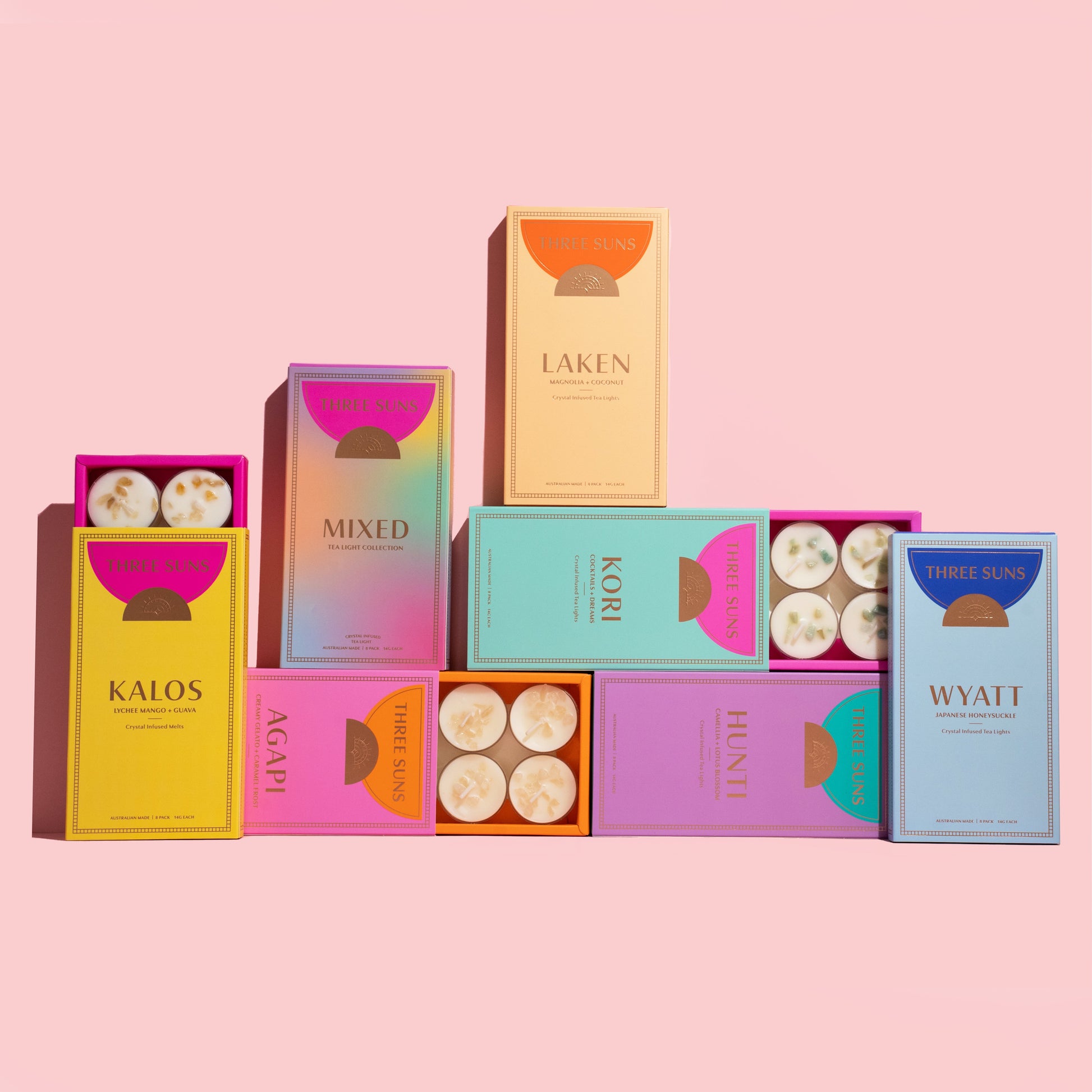 Three Suns Crystal Infused Tea Light Range, hand-poured natural soy wax tealights with healing crystals, variety of scents, eco-friendly packaging, luxury candles made in Australia.