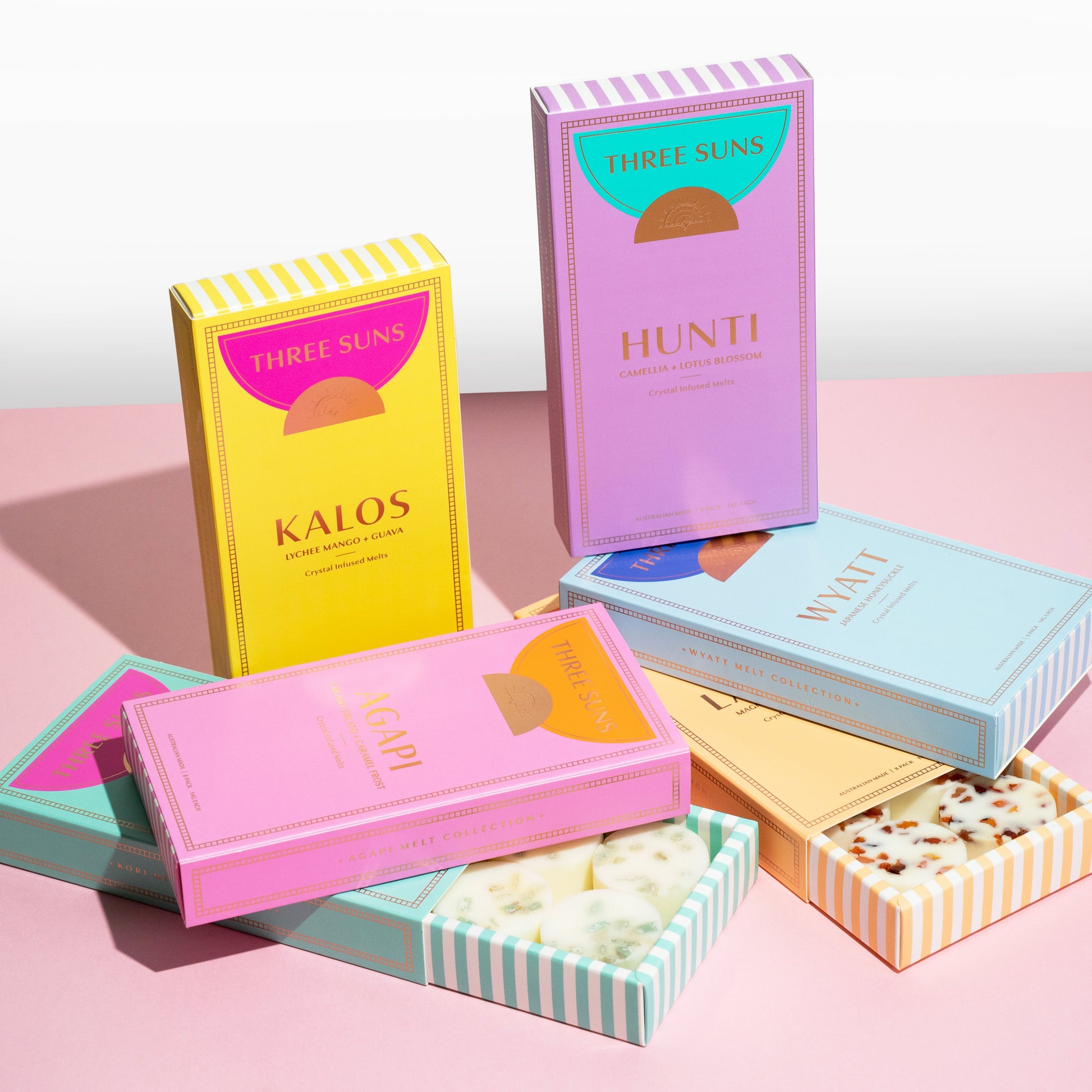 Three Suns Wax Melt Box, crystal infused natural soy melts with powerful aromas, sustainable packaging, perfect for relaxation and gifting, luxury melts Australia.