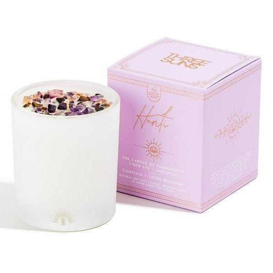 Hunti' | Crystal Infused Candle of Tranquility | Camellia + Lotus Blossom