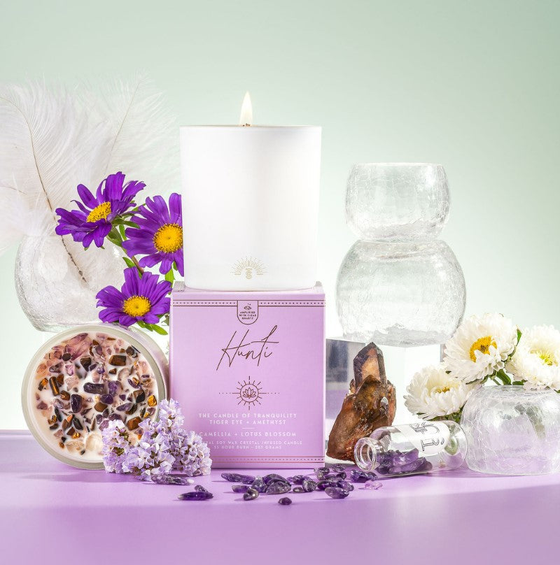 Hunti' | Crystal Infused Candle of Tranquility | Camellia + Lotus Blossom